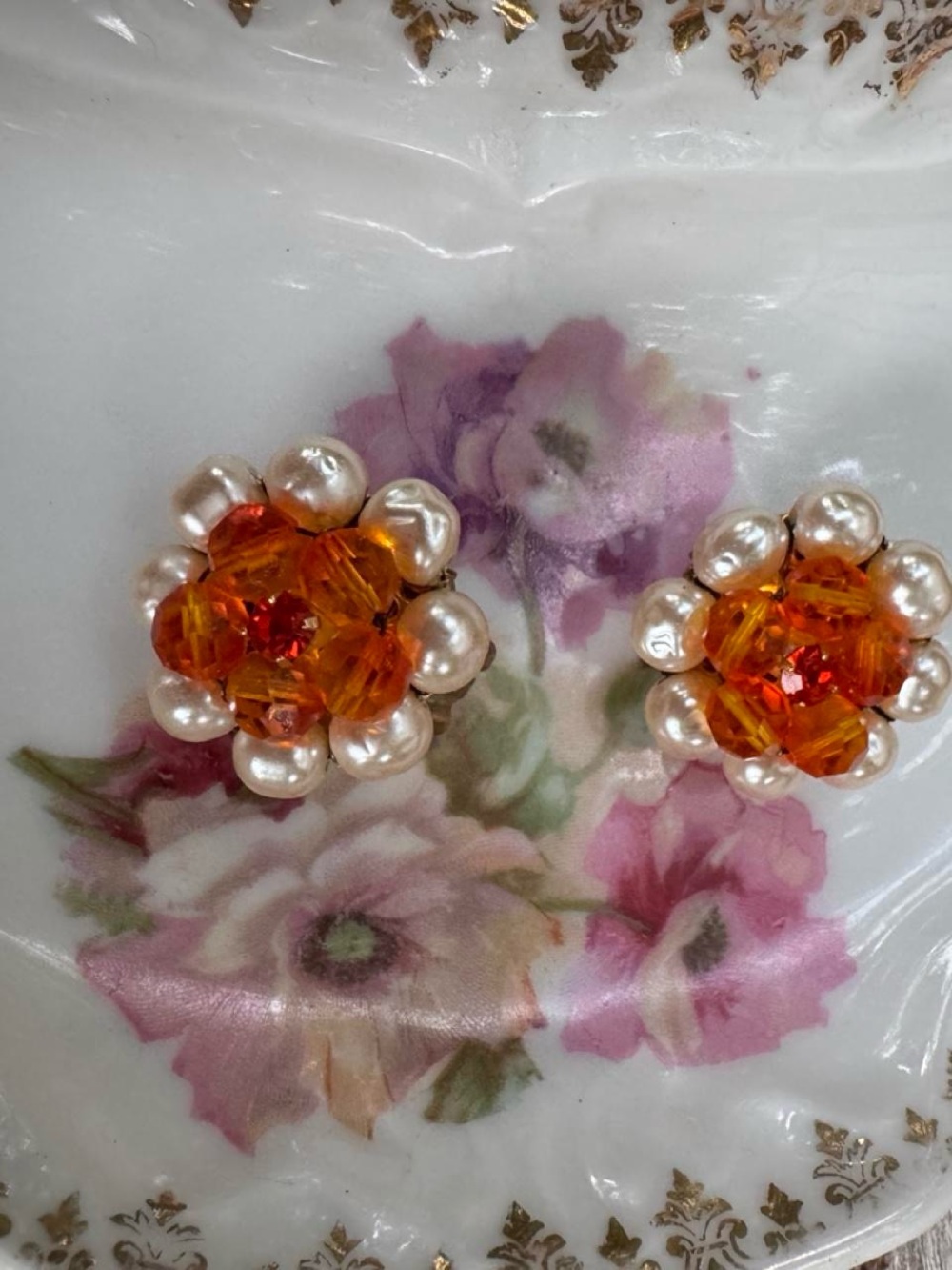 Vintage faux Pearl and orange Crystal Flower clip Earrings - Women Jewelry